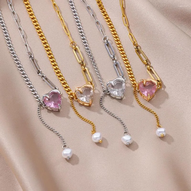 Collane a ciondolo collana zircone zirconio a cuore rosa per donne in acciaio inossidabile di lusso 2023 colletti di gioielli da sposa