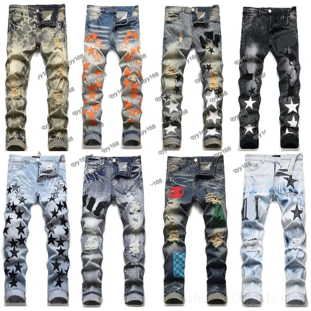 Mens designer lila jeans för män jeans europeiska jean hombre mens denim byxor byxor biker broderi rippade för trend bomullsmode jean