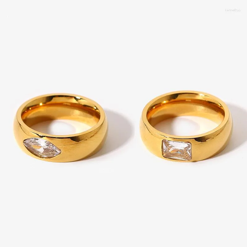 Anneaux de mariage étanche en acier inoxydable doré anneau Navette carré cubique zircone bande bijoux femmes à la mode fiançailles fête cadeau