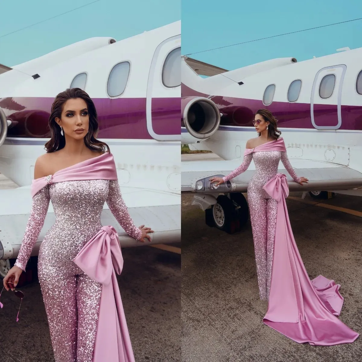 Sexy Pink Sequined Jumpsuits Prom Dresses Long Sleeve Evening Dress With Train Floor Length Formal Gowns Party Wear 322