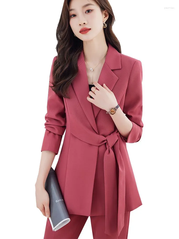 Femmes Deux Pièces Pantalons Femmes Veste Et Pantalon Costume Dames Rose Gris Noir Affaires Travail Porter À Manches Longues Blazer Pantalon Formel 2 Ensemble Avec