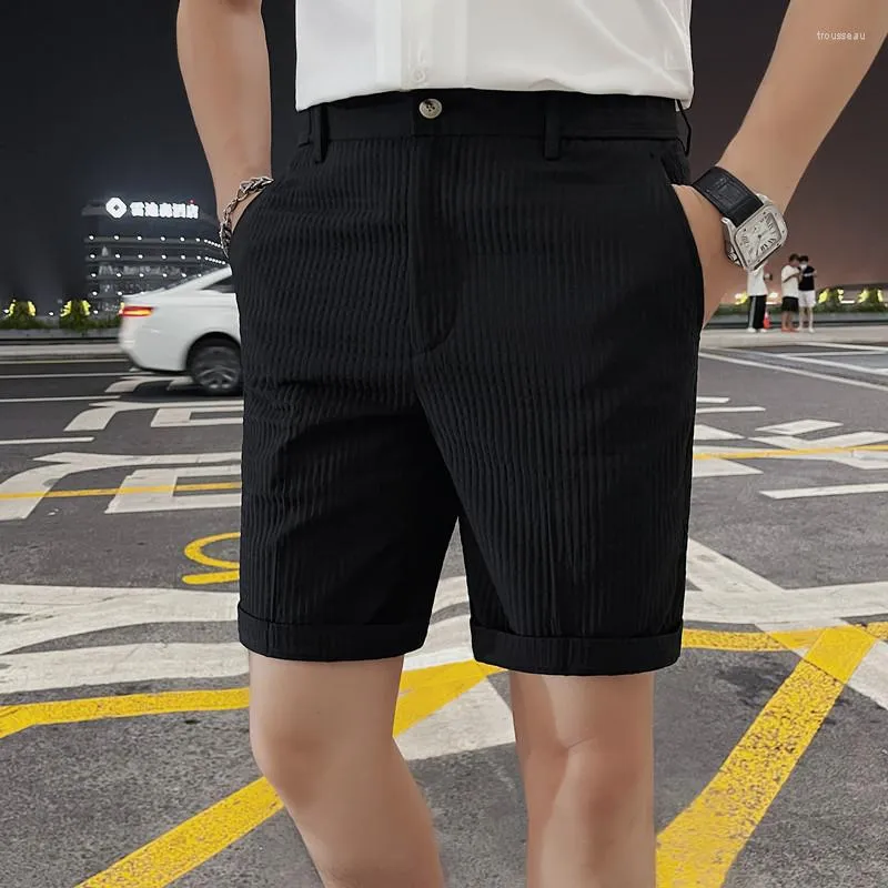 Men's Shorts 3Colors Summer Knee Length Business Casual Plaid For Men Clothing 2023 All Match Slim Fit Straight Short Homme Black 36