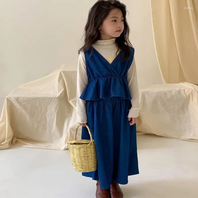 의류 세트 2023 세련된 여자 2pcs 데님 세트 주름 장식 넓은 바지 가을 패션 어린이는 어린이 2-8 년