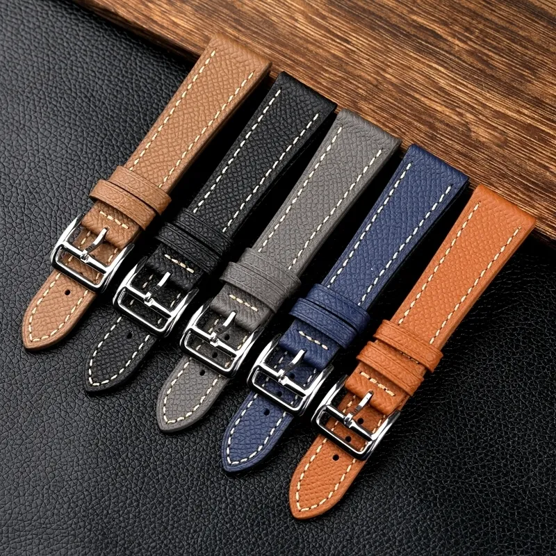 Watch Bands Handmade Pebbled Leather Watchband 18 19 20 21 22 24MM Black Blue Gray Strap H Buckle Band Mens Accessories 230821