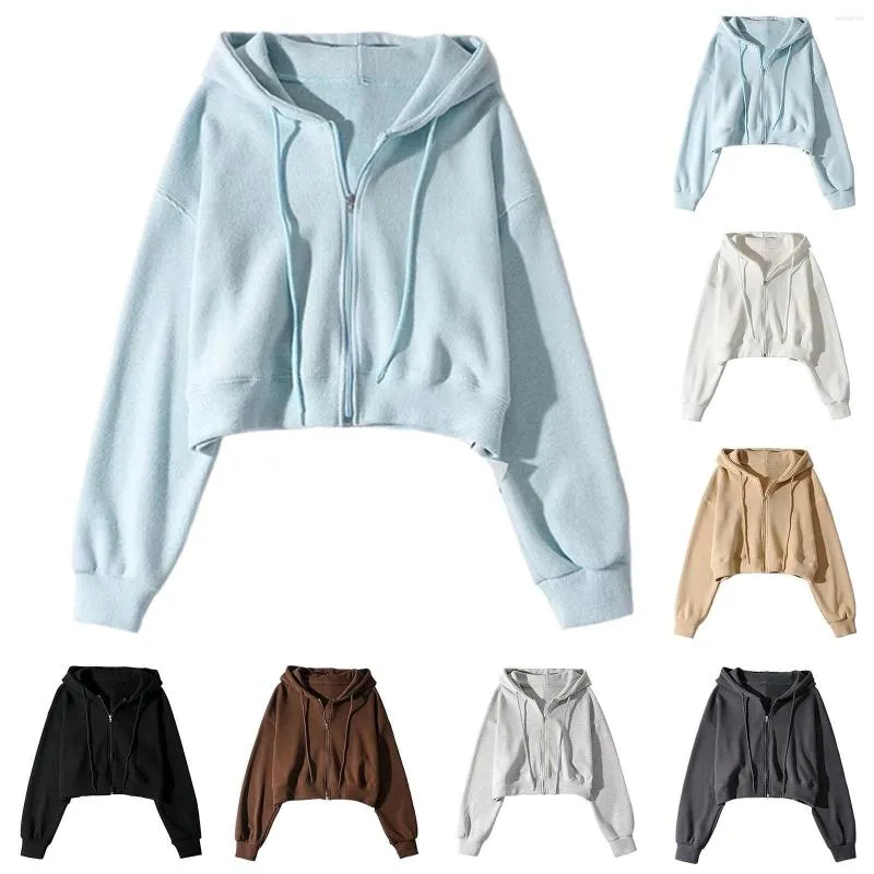 Women's Hoodies Short Casual Cardigan Jacket Vintage Loose Hooded Drawstring Zipper Hoodie Tan