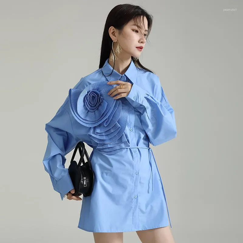 Casual Dresses Women Blue Shirts Pleated Three-dimensional Flower Autumn Long Sleeves Light Luxury French Loose Dress Lapel Lace Up