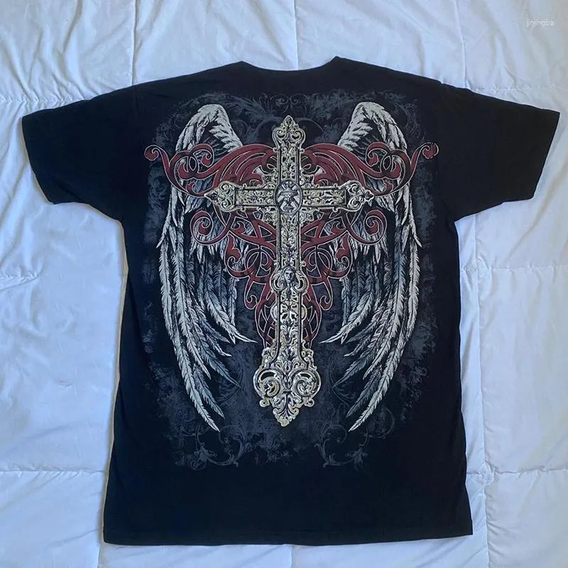 グランジ Y2k Cross tops 90s Shirts Womens - Y2K Inspired Graphic Tee with Cross and