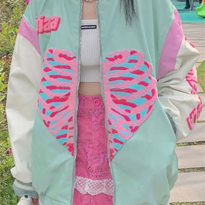 Bluzy damskie bluzy głębinowe punkowe szkielet z kapturem serce Kobiety Hip Hop Harajuku duże zamek błyskawiczne bluzy kobiece retro zielona swobodna kurtka 230818