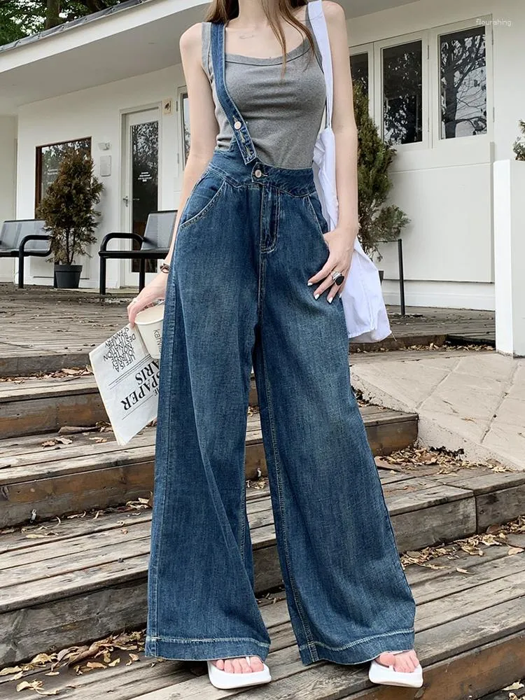 Women's Jeans Summer Women Denim Overalls Fashion Design High Waist Wide Leg Casual Single Shoulder Strap Female Trousers Streetwear