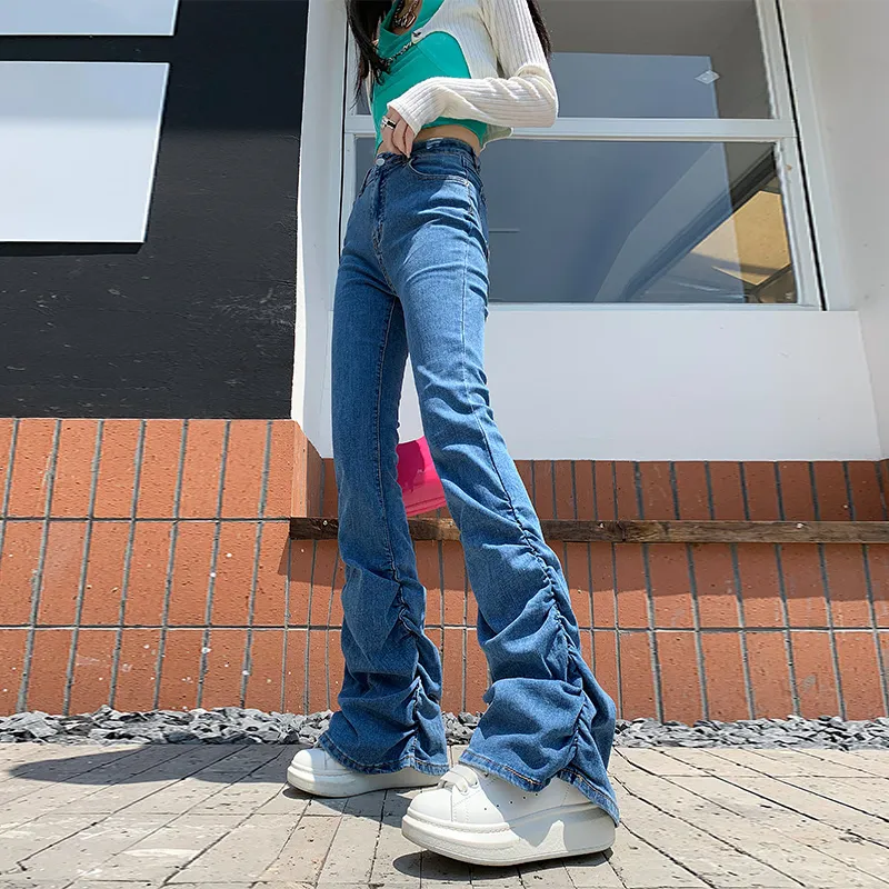 Jean pour femme Jeans empilés Couleur unie Bleu Stretch Skinny Fit Denim Extended Long High Street Flare Pantalon de nettoyage 230821