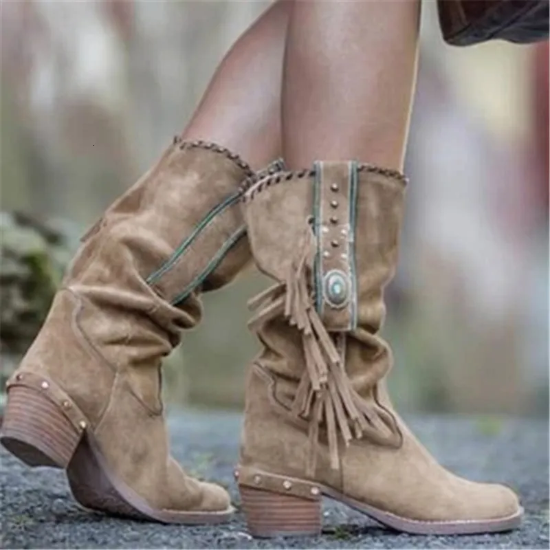 BOTO BOTO BOHEMIAN TAUSEL ETHEL FRINGE FUUX SUEDE CAURO MID MID MULHER WHIL Woman Sapatos de salto quadrado PLUS TAMANHO 230821