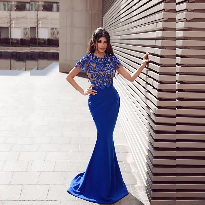 Royal Blue Sirena Arabia Saudita Manica ad aletta Abito da sera Crystal Robe De Soiree Abiti da ballo di fine anno 328 328