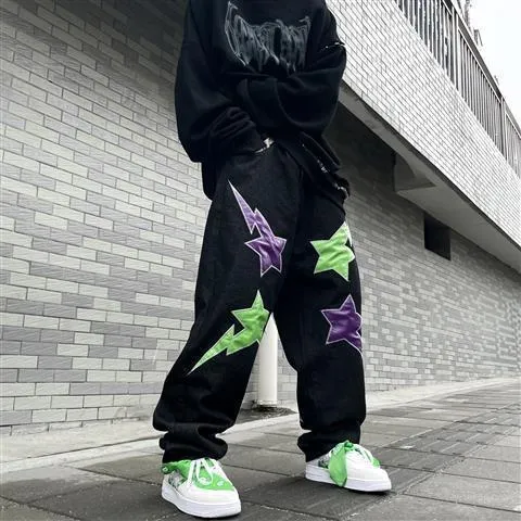 Harajuku Street Style Jeans: Y2K Five-Star Lightning Patch Wide