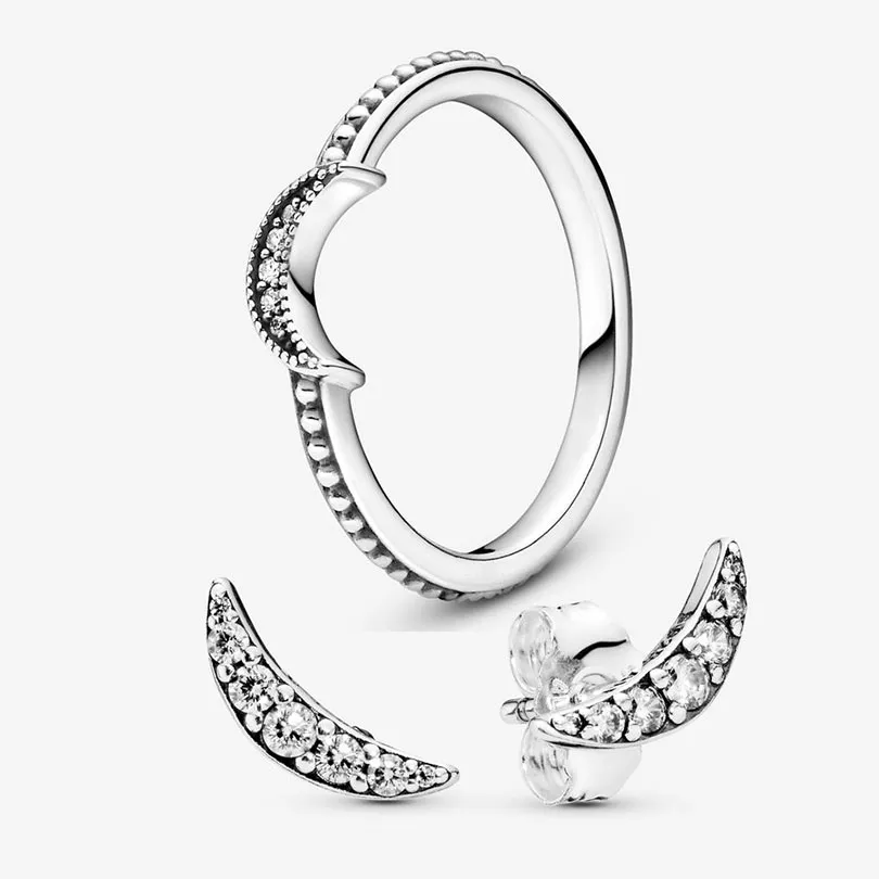 Crescent Moon Beaded Ring et Stud Stud Set pour Pandora 925 Sterling Silver designer Jewelry set For Women Girls Diamond Luxury boucles d'oreilles avec boîte d'origine