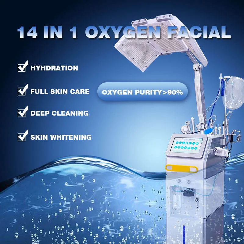 Machine multifonctionnelle de soins de la peau 14 en 1, machine faciale à oxygène pour le visage, Hydra Dermabrasion PDT, lumière rouge LED, Hydra Peeling, resserre la peau, retarde la peau, anti-vieillissement