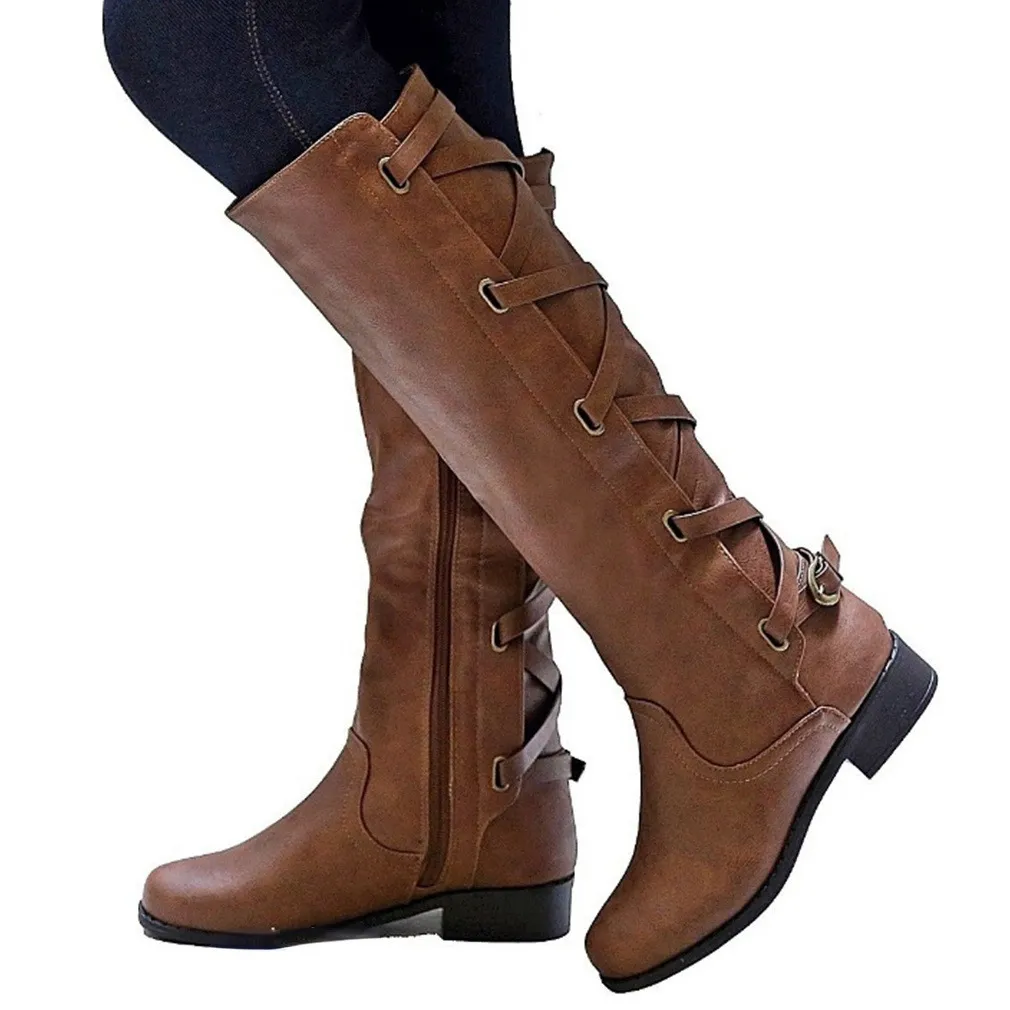 حذاء ركبة الكعب الكثيف السوستة الدانتيل Up Women S Buckle Shoes Woman Fashion Boot Punk Platform Autumn Winter 43 230821