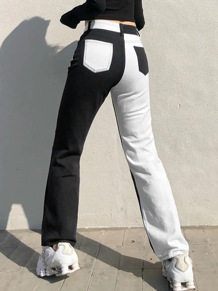Damesjeans Kalevest Y2K High Street -broek Black White Denim High Taille Steampunk Women Pants Gyaru Rave Outfits Pakken Pant 230821