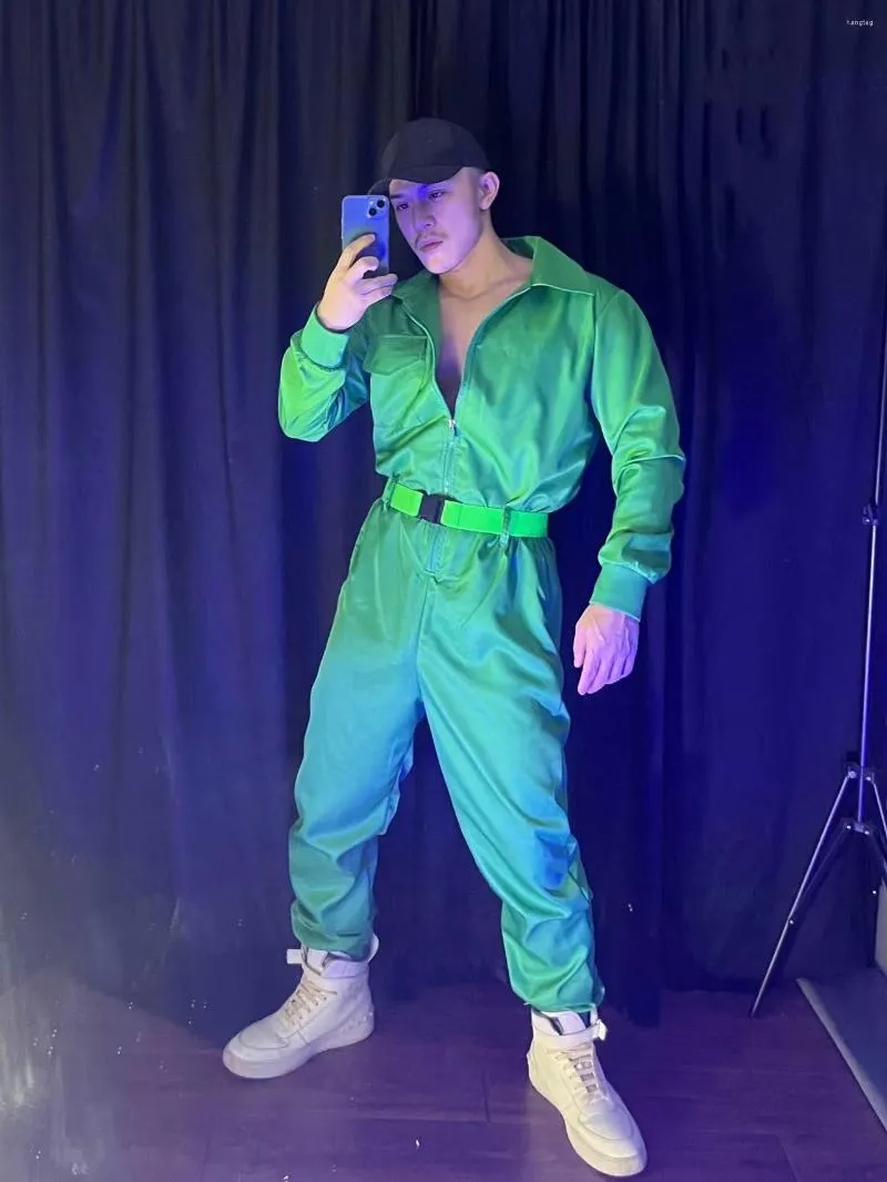 Stage Wear Hip Hop Dancing Clothes Men's Jazz Dancewear Green Bodysuit Nightclub Party Muscle Man Gogo Dancer Outfit Costume