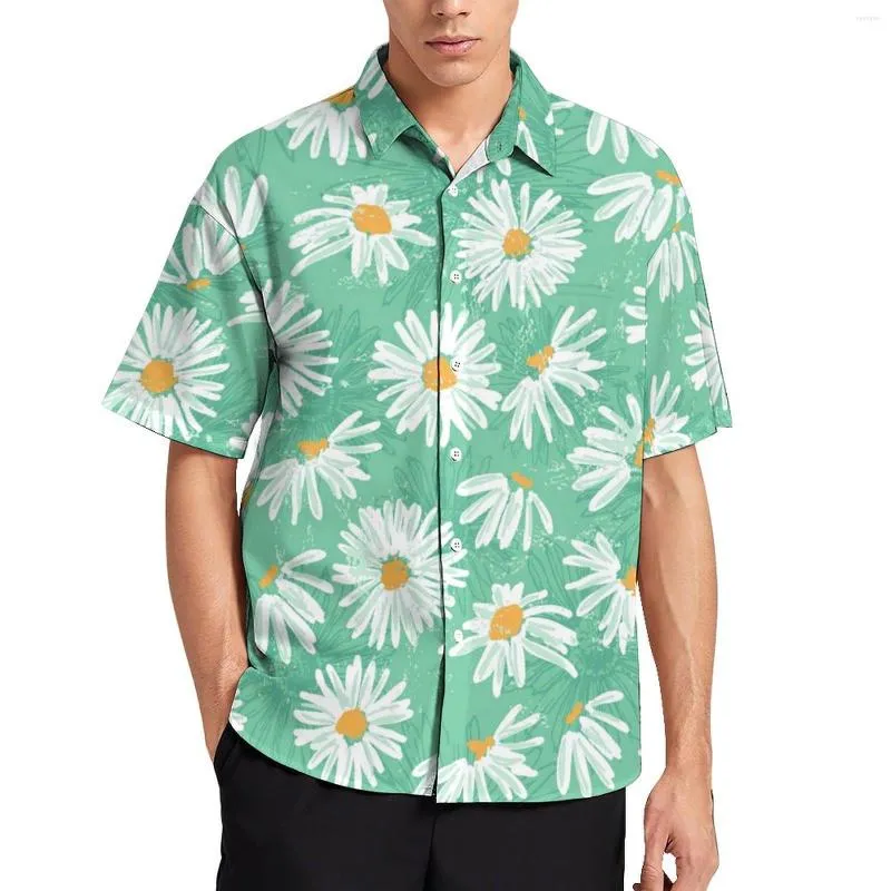 Men's Casual Shirts White Daisies Blouses Male Flowers Print Art Hawaiian Short Sleeve Vintage Oversized Beach Shirt Birthday Present