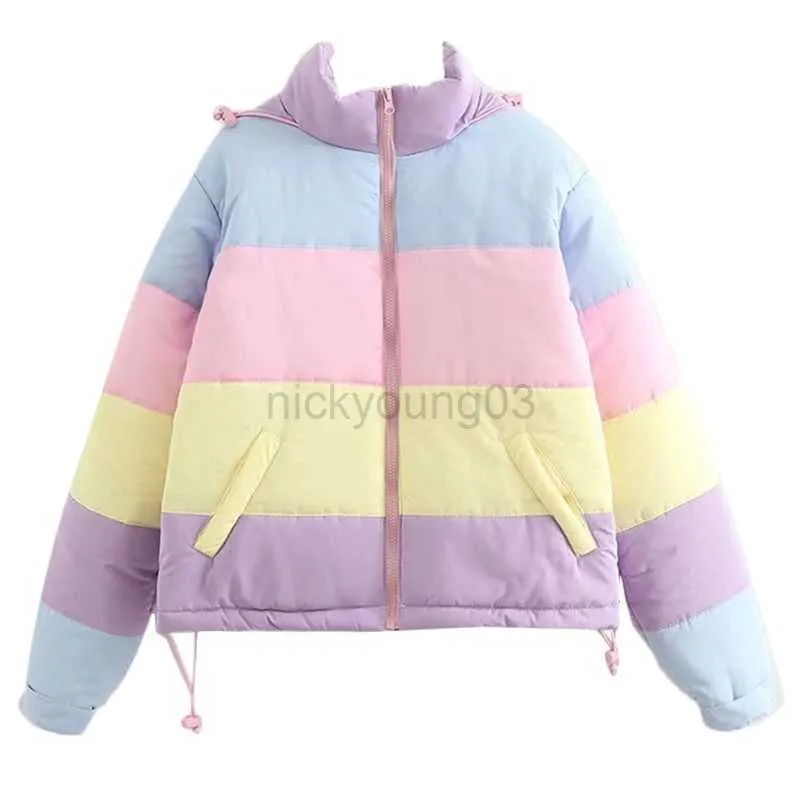 Women's Down Parkas Women Winter vadderad pufferjacka Rainbow Stripes Hooded Drstring dragkedja