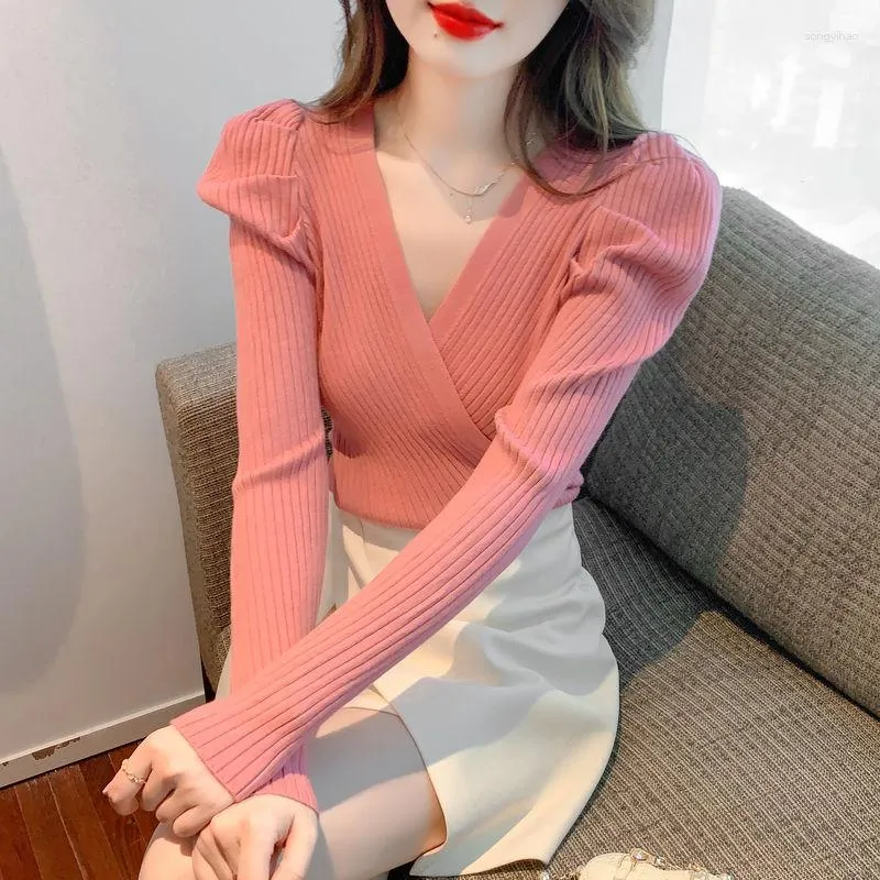 Women's Sweaters Solid Long Sleeves Elegant Basic Casual Jumper Cute Female Tops High Street Harajuku Fold V Neck Women Pullovers Chic