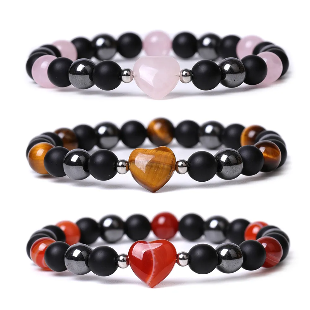 8mm mattade pärlor Rose Quartz Tiger's Eye Stone Heart Armband Men Kvinnor Yoga Healing Balance Armband