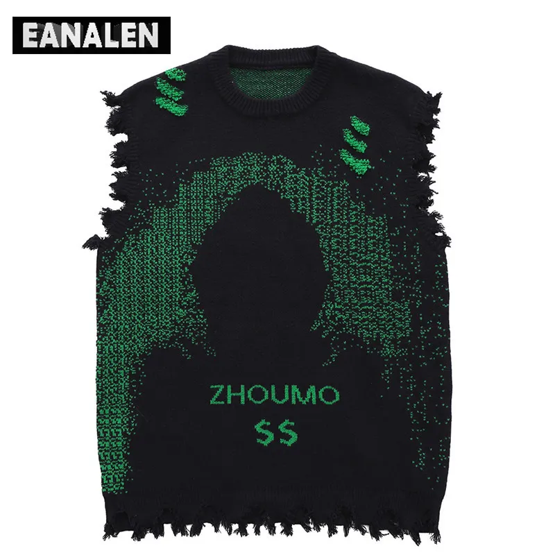 Men's Sweaters Harajuku black green tattered fringed sweater vest women's y2k Vintage oversized knitted ugly sleeveless sweater men's aesthetic 230818