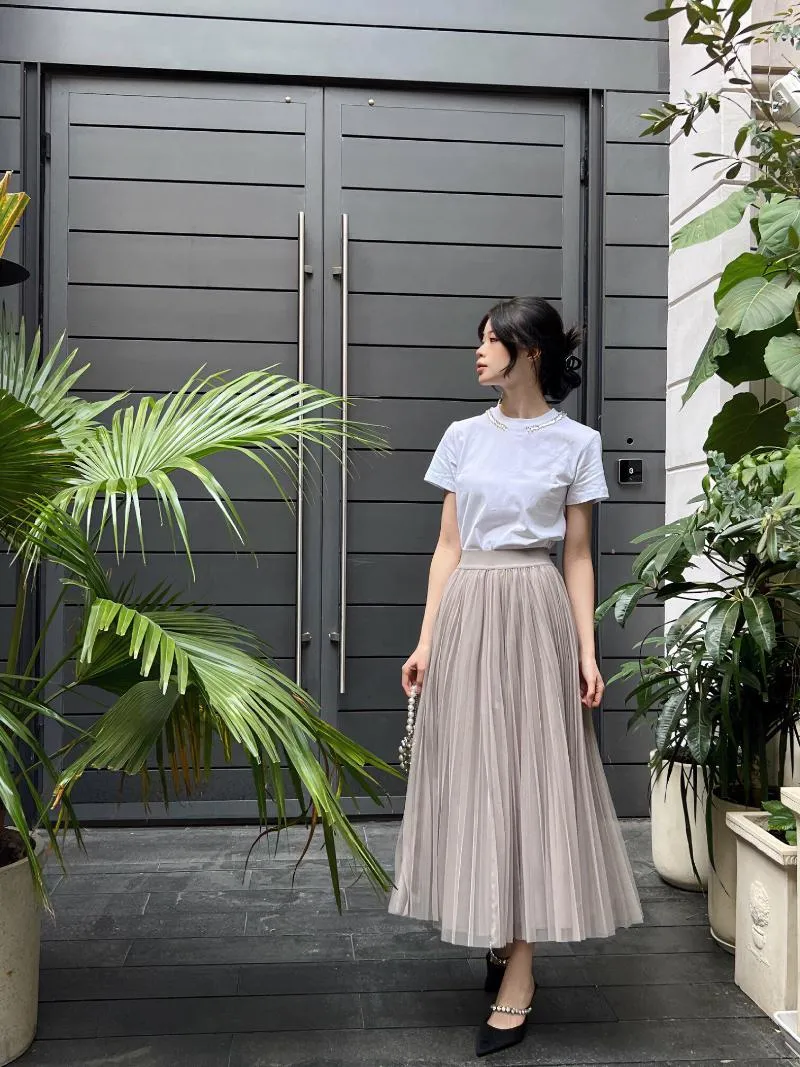 Skirts Women Clothes Summer Fashion Grey Skirt Sweet Girls Pleated Mesh Long