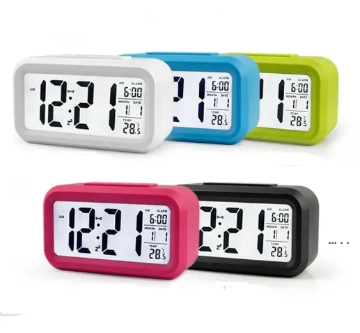 Reloj despertador silencioso de plástico LCD temperatura inteligente lindo fotosensible junto a la cama alarmas digitales relojes Snooze luz nocturna calendario 240Q