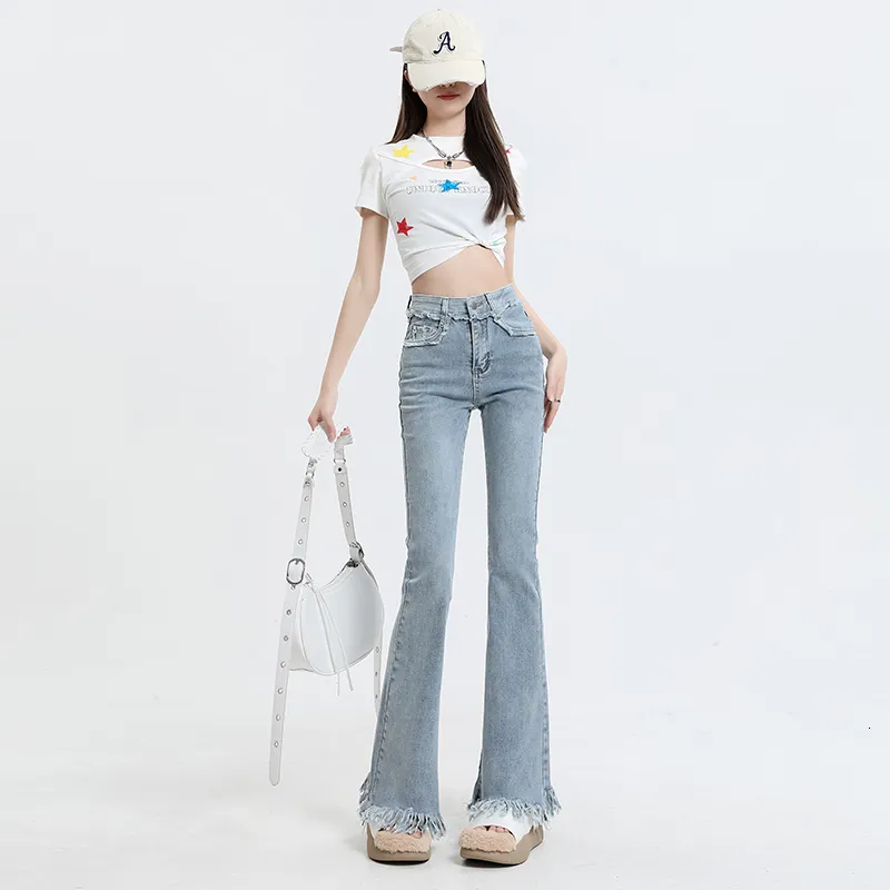 Jeans femminile contrasto vintage blu sexy a campana largo gamba larga pantaloni femminile in stile coreano 230821