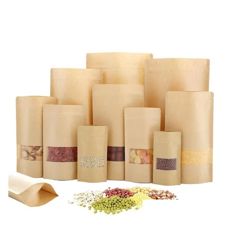 Verpakkingszakken Groothandel Kraft Paper Zelfafziet Zip Bag Tea Noot Droog fruit Voedselverpakking Herbruikbare vochtbestendig verticaal met transpa dhley