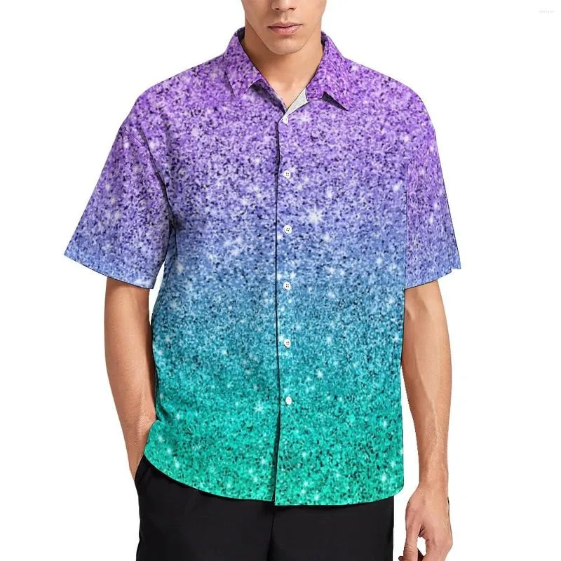 Camisas casuais masculinas estampas de brilho roxo e verde camisa de praia havaiana blusas masculinas impressas em tamanho grande