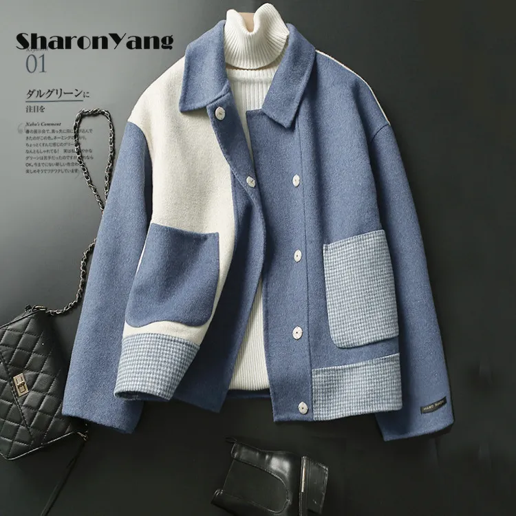 Kadın yün harmanları el yapımı çift taraflı ceket kadınları sonbahar kış ceketi yüksek kaliteli mavi ızgara eklemesi için kısa katlar 230818