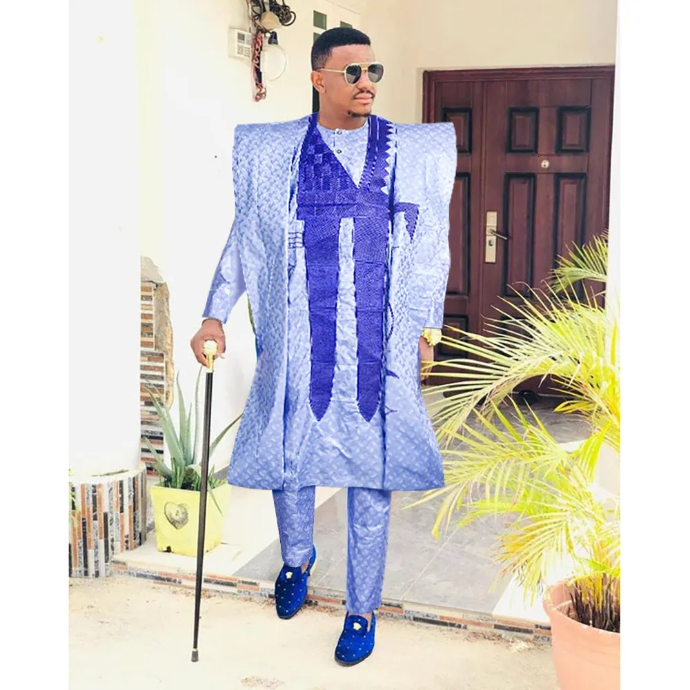 Ethnic Clothing H D African Clothes for Men Rich Bazin Embroidery Traditional 3 Pcs Sut Blue Party Wedding Dashiki 230818