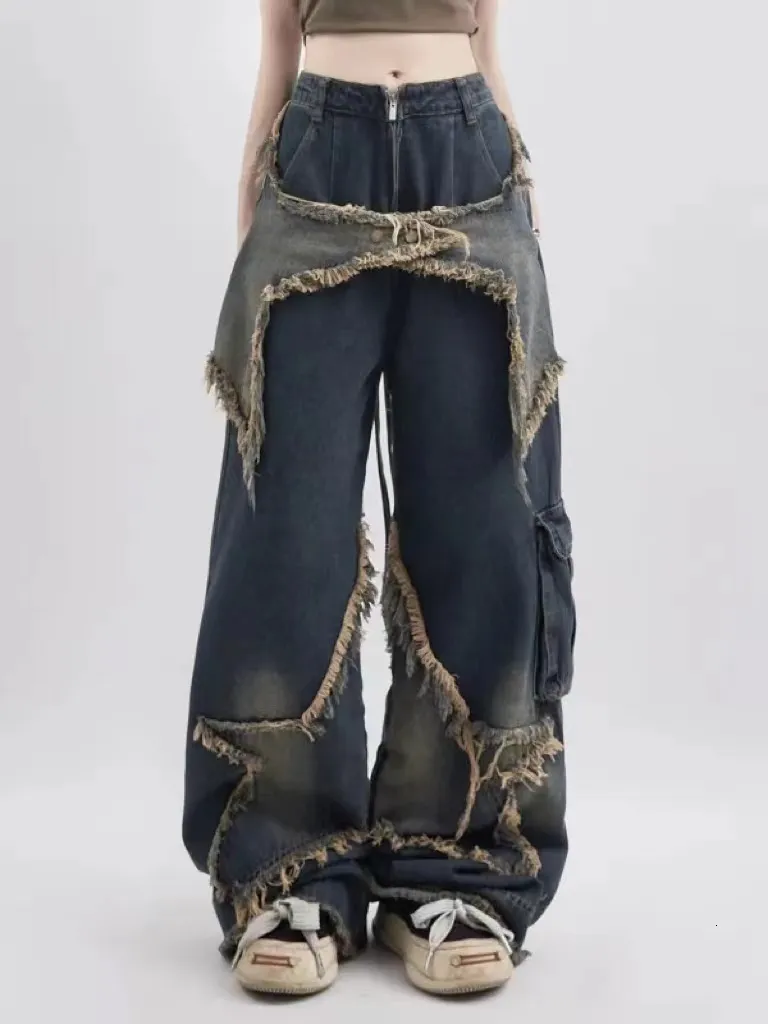 Dames Jean Blue Jeans Contrasting Colors High Taille American Street Wide Leg Pants Fashion Hip Hop Vintage Straight Autumn Trousers 230821
