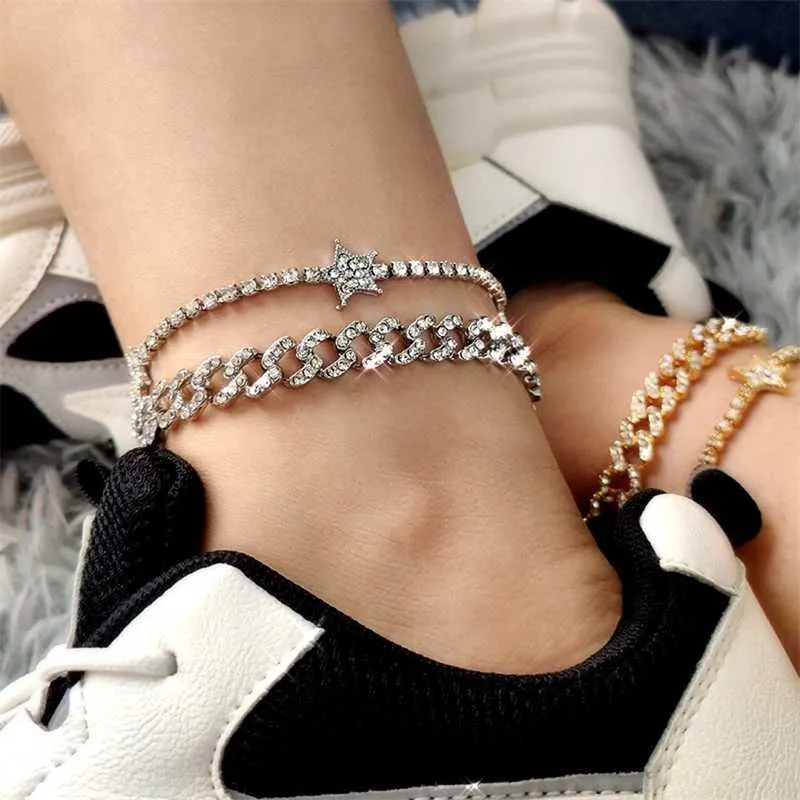 Bling Double Layer Star Crystal Tennis Chain Anklet For Women Punk Top Hop Cuban Link Ankle Armband 2023 Fashion Jewelry 230719