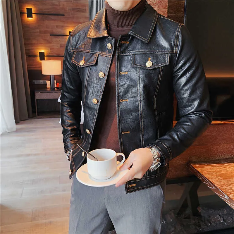 Herrjackor brittisk stil Nya varumärkeskläder Män våren Casual Leather Jacket/Man Slim Fashion High Quality Leather Coat Man S-3XL J230821