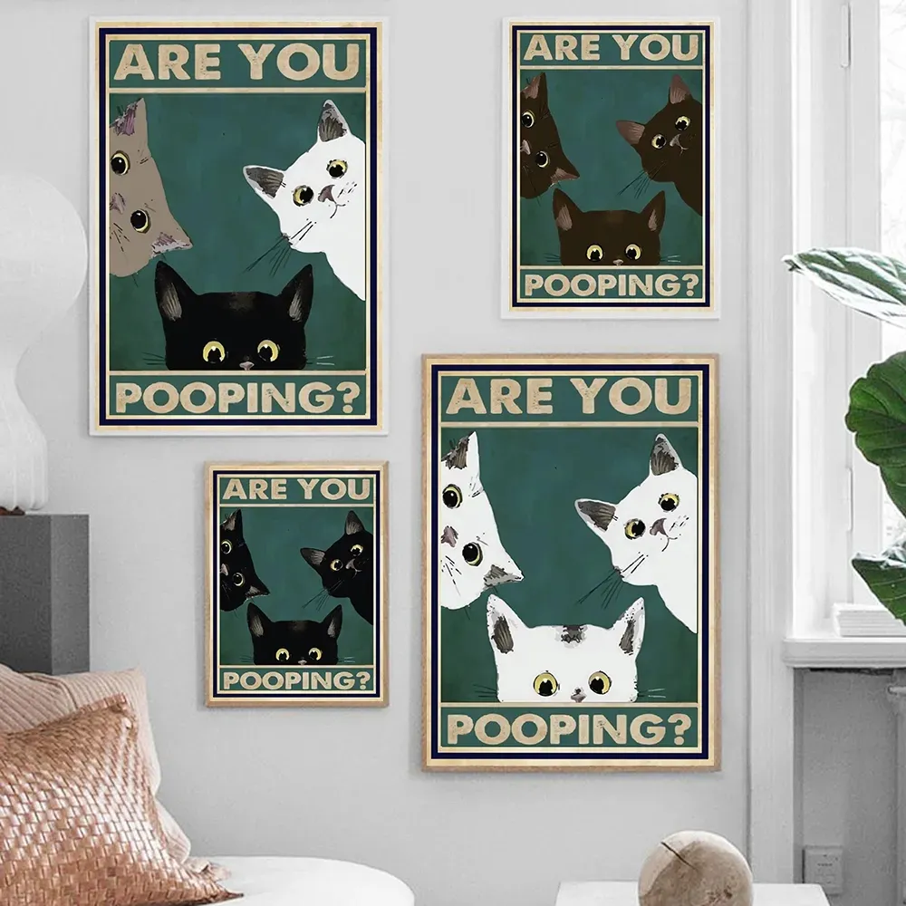 Pintura en lienzo de animales divertidos, póster de gato blanco y negro bonito e impresiones, arte de pared, baño Retro, baño, decoración del hogar, sin marco Wo6