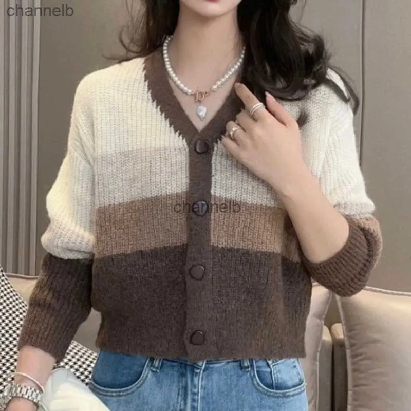 Femmes Tricots Tees Doux Couleur Rayé Crop Cardigan Femmes Automne À Manches Longues Chandail Tricoté Veste Hiver Vintage Chaud Col En V Chandails Top 28585 HKD230821