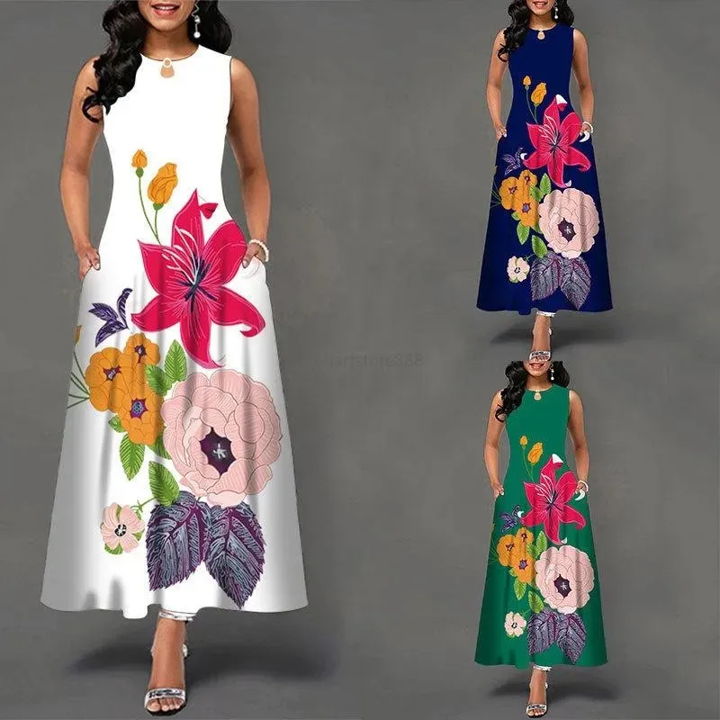 Casual Dresses Loose Floral Vintage Hole Ruffles Befree stor stor klänning Summer Camis Party Elegant Maxi