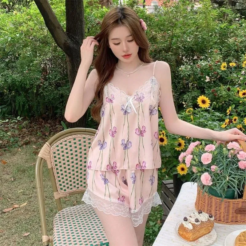 Women's Sleepwear Jxgarb Home Pajamas Two-piece Sexy Lace Sexi Floral Lingerie Set Ice Silk Summer Young Girl V-Neck Nightwear