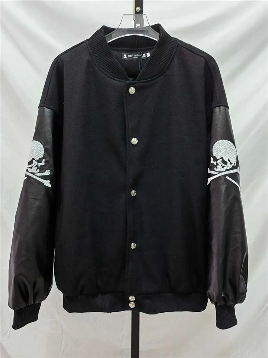 Kurtki męskie MMJ Cardigan Mastermind Skull Baseball Mundur Men Men Men Women Patchwork Woolen MMJ Bomber Coats Skórzowe ubrania J230821