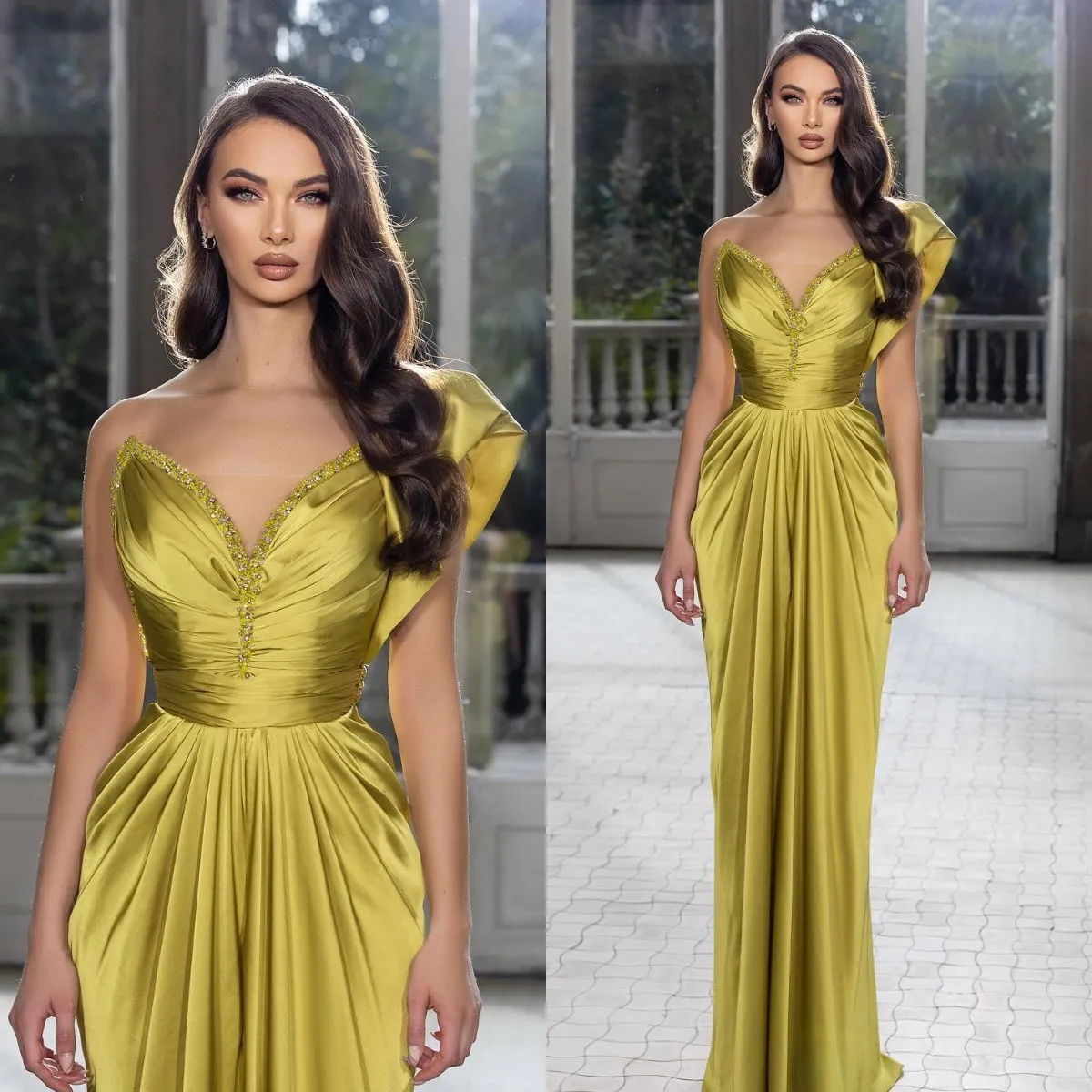 Elegant Yellow Prom Dresses Beads V Neck Evening Dress Pleats Formal Long Special Occasion Party dress