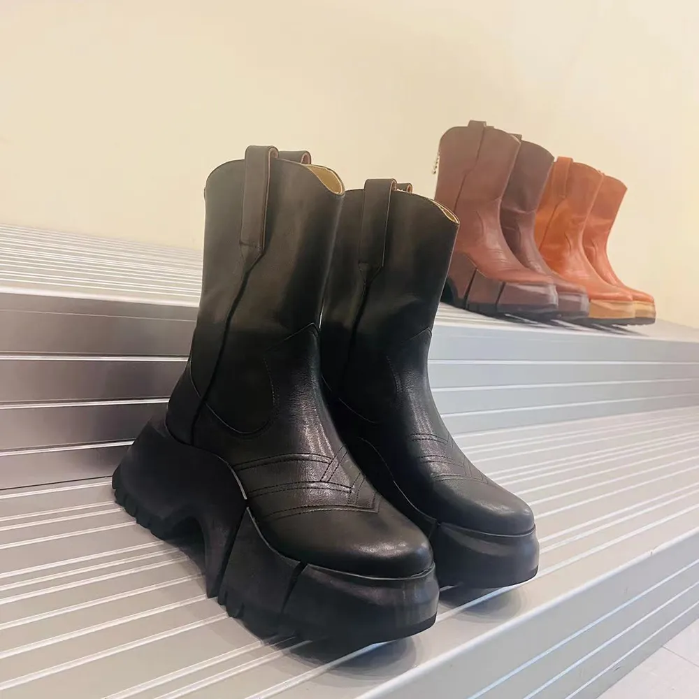 Wood grain rubber chunky platform ankle boots leather shoes tire short boot heel Martin booties heavy duty luxury designer brands for women factory