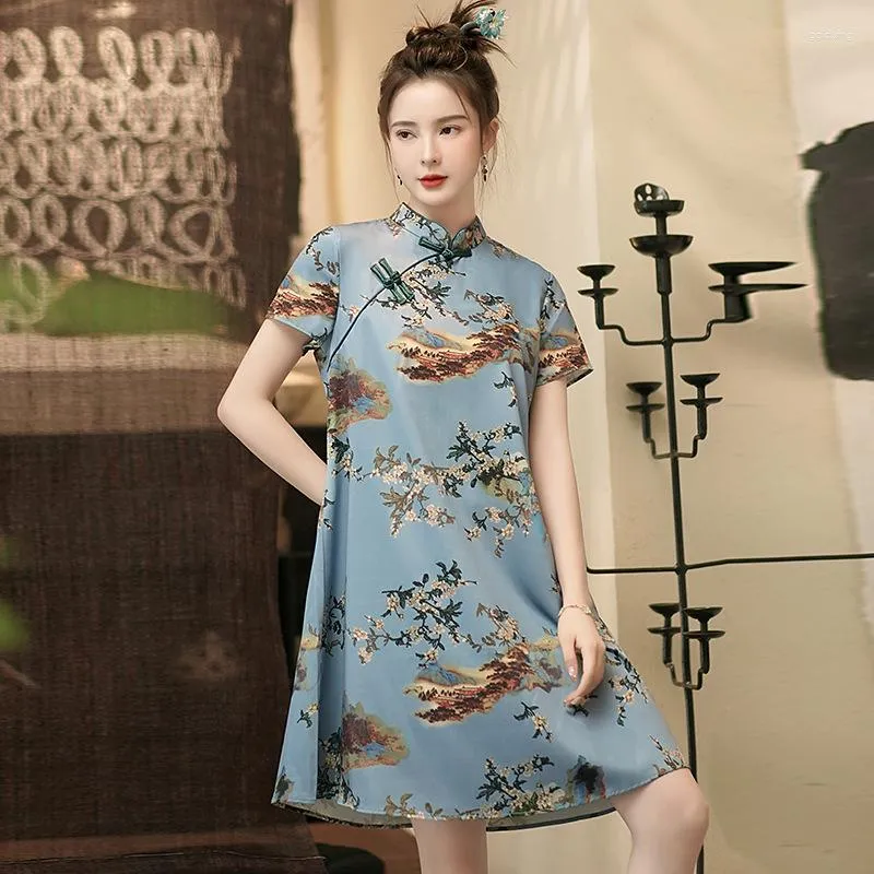 Vêtements ethniques FZSLCYIYI Mode Imprimé Parti Cheongsam Robe Femmes D'été Lâche À Manches Courtes Qipao Vêtements Traditionnels Chinois