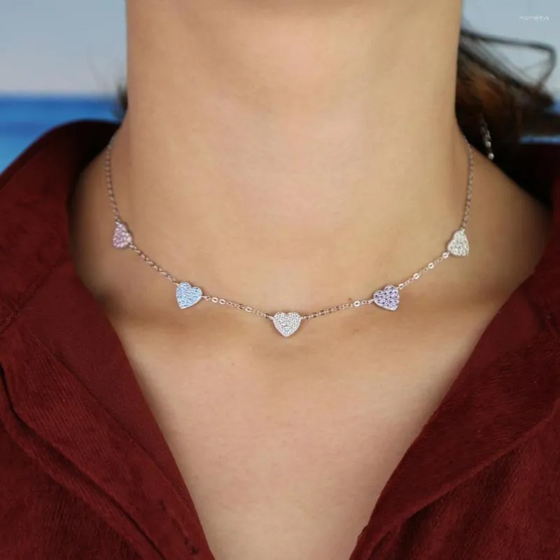 Kettingen 2023 Echte 925 Sterling vrouwen Mode kleurrijk CZ Cubic Zirconia Heart Choker kettingen Valentijnsdag Gift Party sieraden