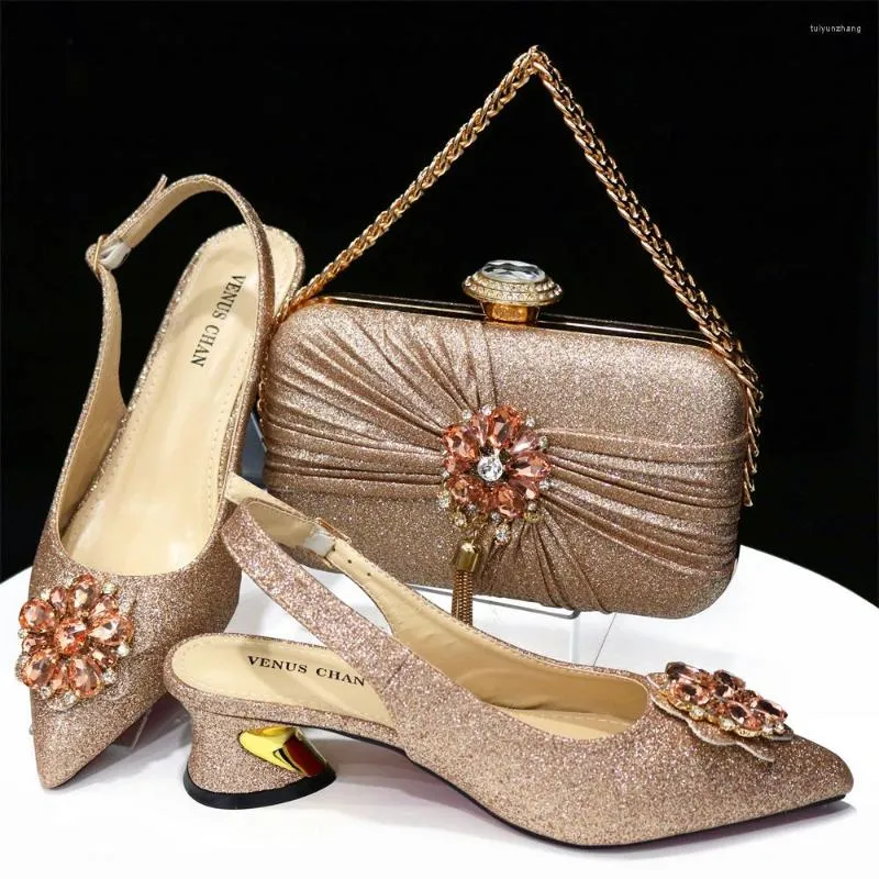 Dress Shoes 2023 Champagne Color Mature Style Office Lady African Women And Bag Set Italian Ladies Matching