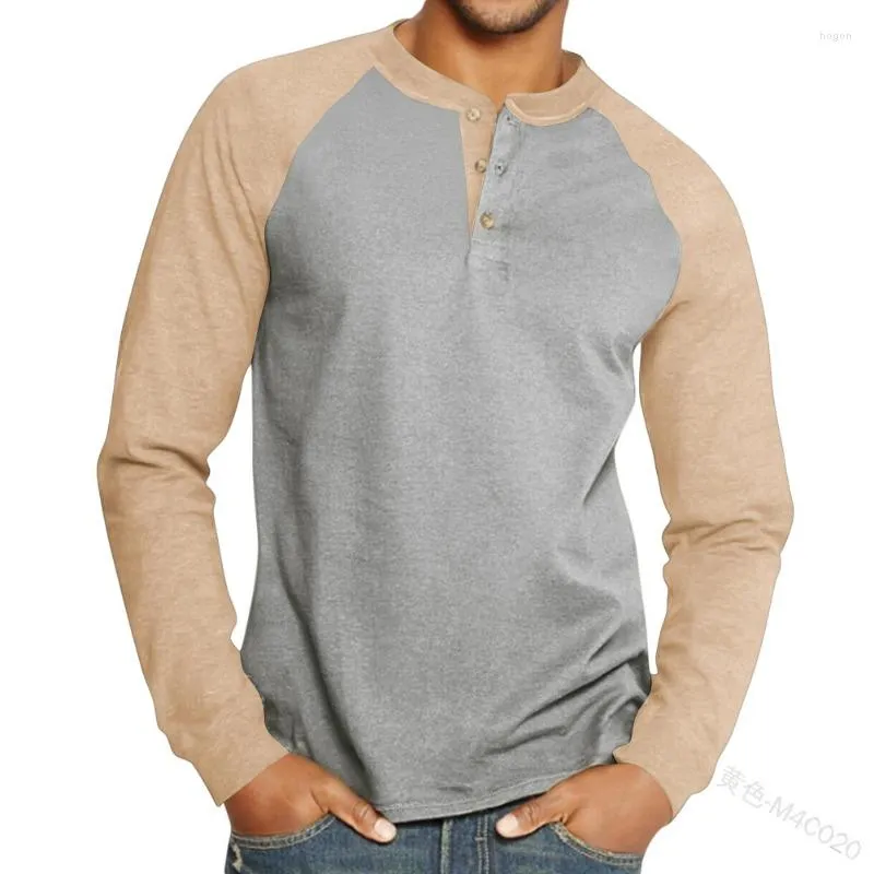 T-shirts pour hommes mode décontractée à manches longues bouton O cou couleur bloc T-shirt hommes automne petit haut