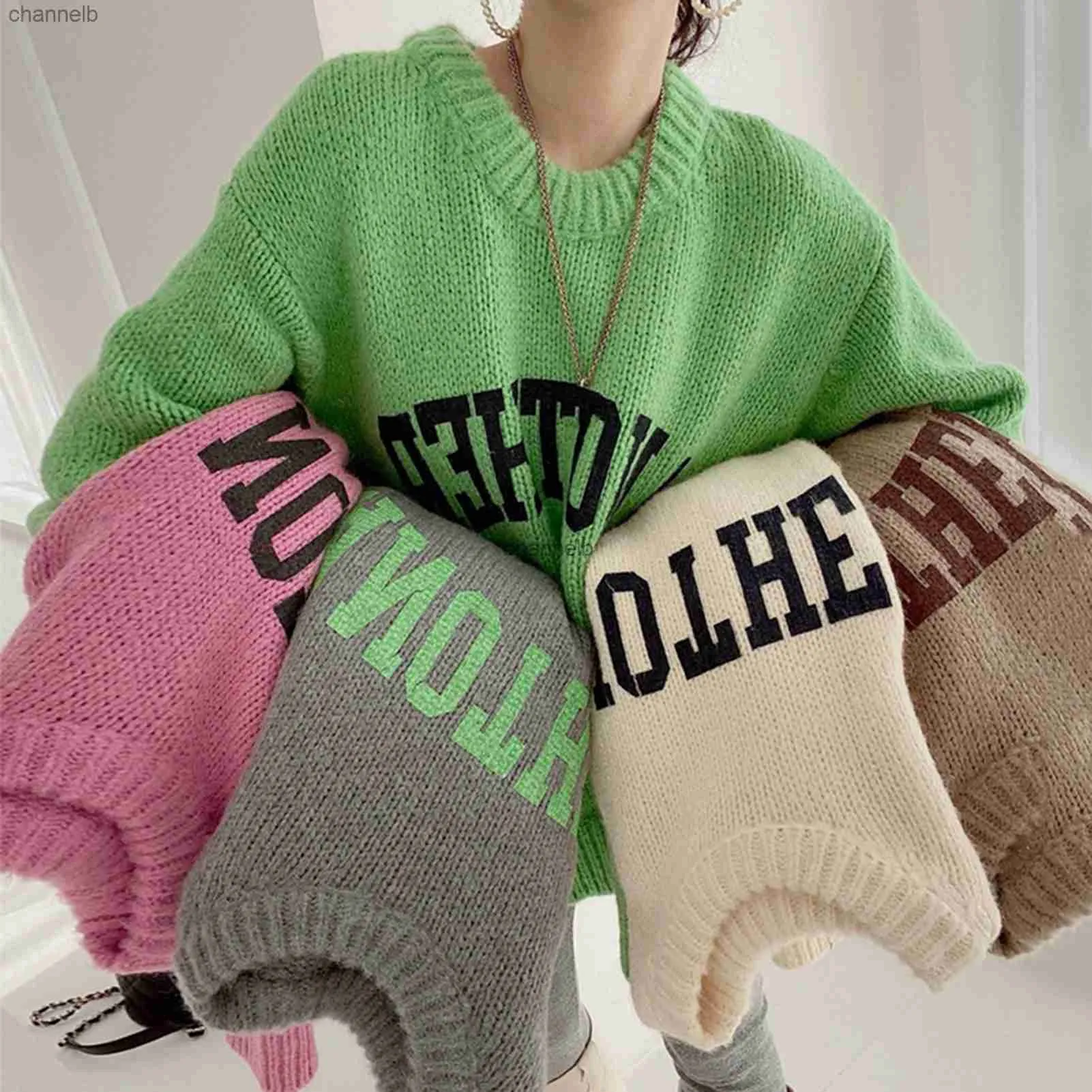 Women's Knits Tees Women Autumn Winter Sweater Letter Pattern Korean Streetwear Pullover Sweater Vintage Daily Versatile Oversized Y2k Clothing HKD230821