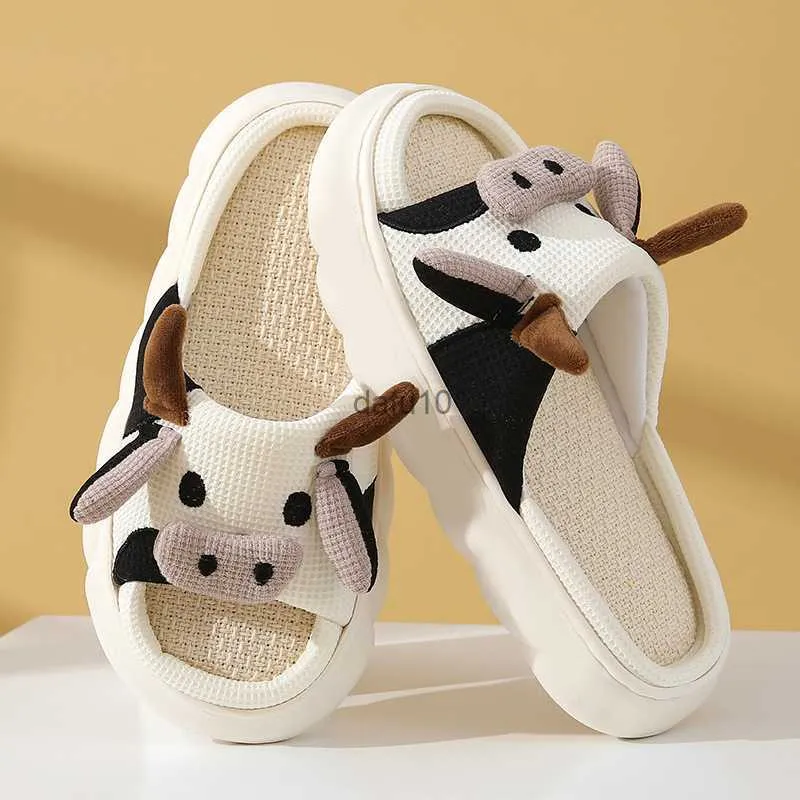 Slippers Cute Cartoon Milk Cow Linen Slippers Women 2023 Winter Soft Thick Bottom Cotton Slippers Woman Funny Animal Fluffy House Shoes HKD230821